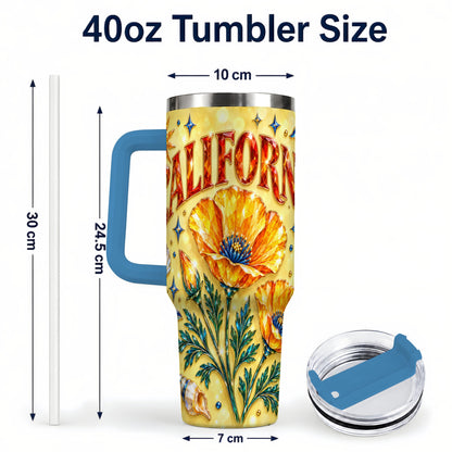 #pl[40oz|Blue] California Poppy 40oz Tumbler with Handle, Coastal Floral Travel Cup
