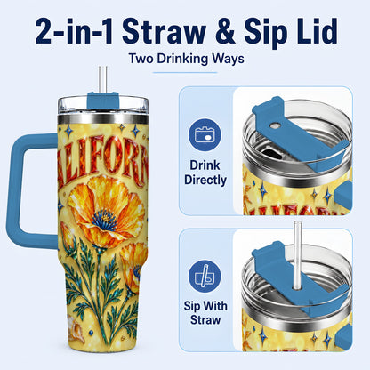 #pl[40oz|Blue] California Poppy 40oz Tumbler with Handle, Coastal Floral Travel Cup