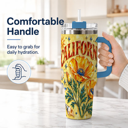 #pl[40oz|Blue] California Poppy 40oz Tumbler with Handle, Coastal Floral Travel Cup