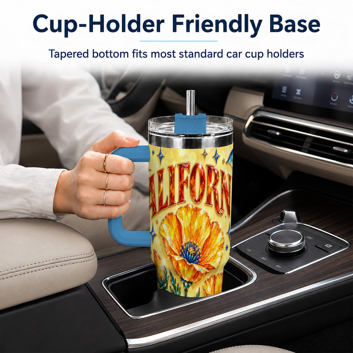 #pl[40oz|Blue] California Poppy 40oz Tumbler with Handle, Coastal Floral Travel Cup