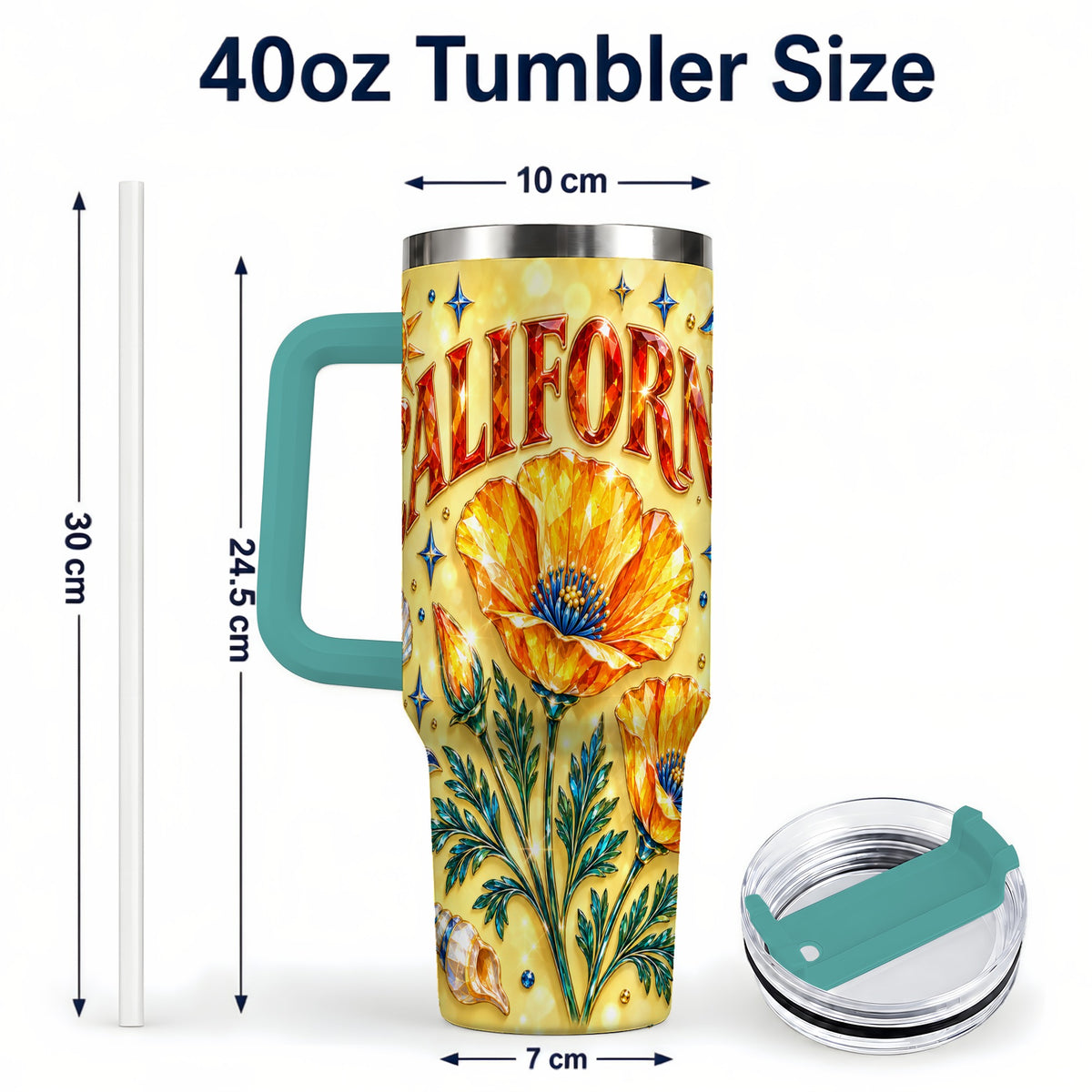 #pl[40oz|Green] California Poppy 40oz Tumbler with Handle, Coastal Floral Travel Cup