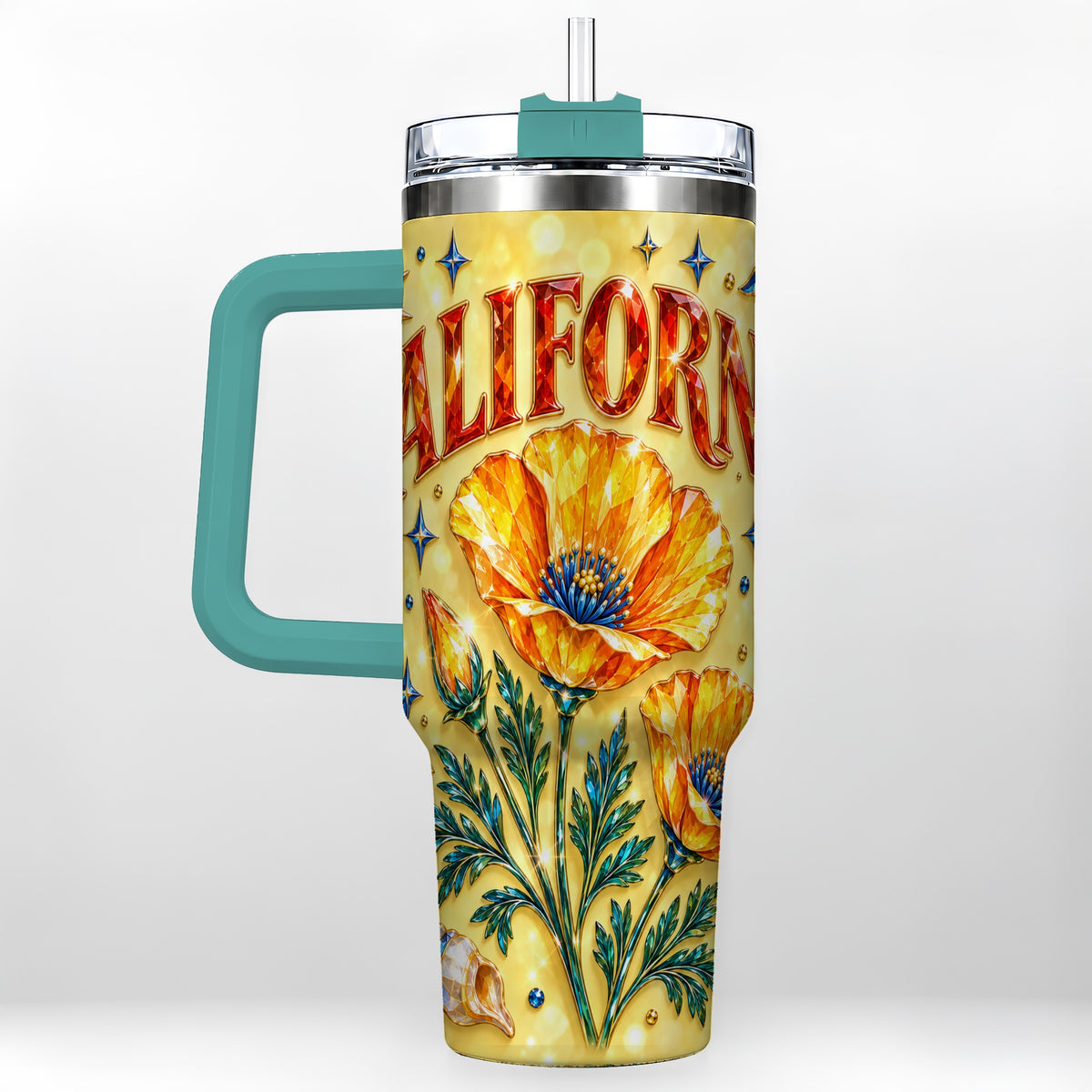#pl[40oz|Green] California Poppy 40oz Tumbler with Handle, Coastal Floral Travel Cup