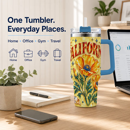 #pl[40oz|Blue] California Poppy 40oz Tumbler with Handle, Coastal Floral Travel Cup