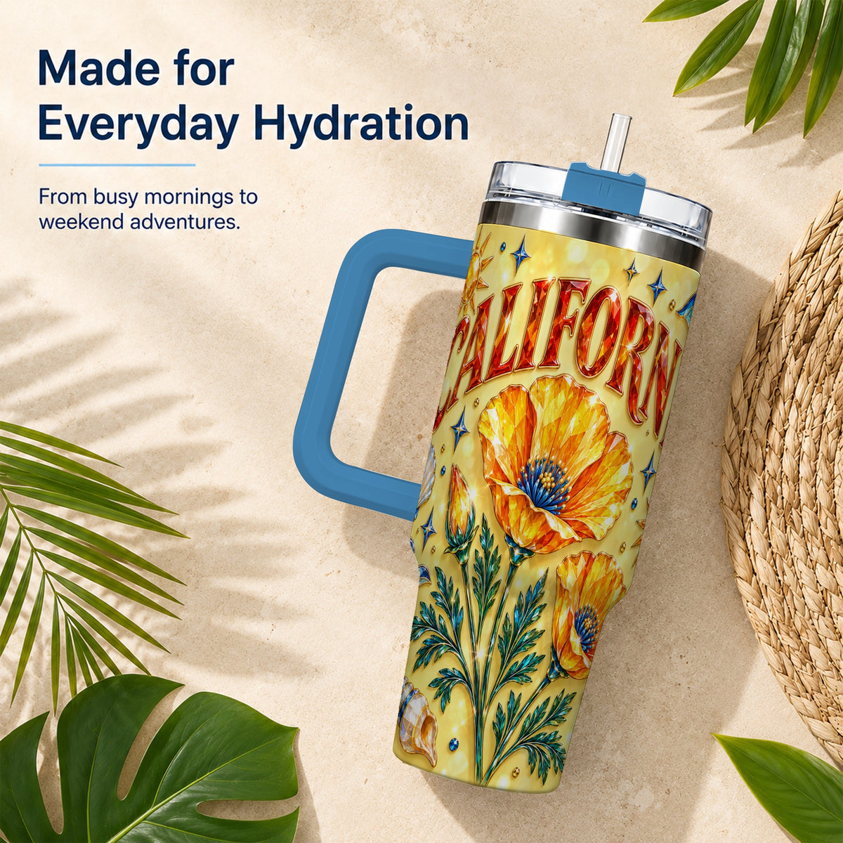 #pl[40oz|Blue] California Poppy 40oz Tumbler with Handle, Coastal Floral Travel Cup