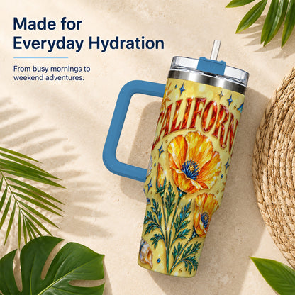 #pl[40oz|Blue] California Poppy 40oz Tumbler with Handle, Coastal Floral Travel Cup