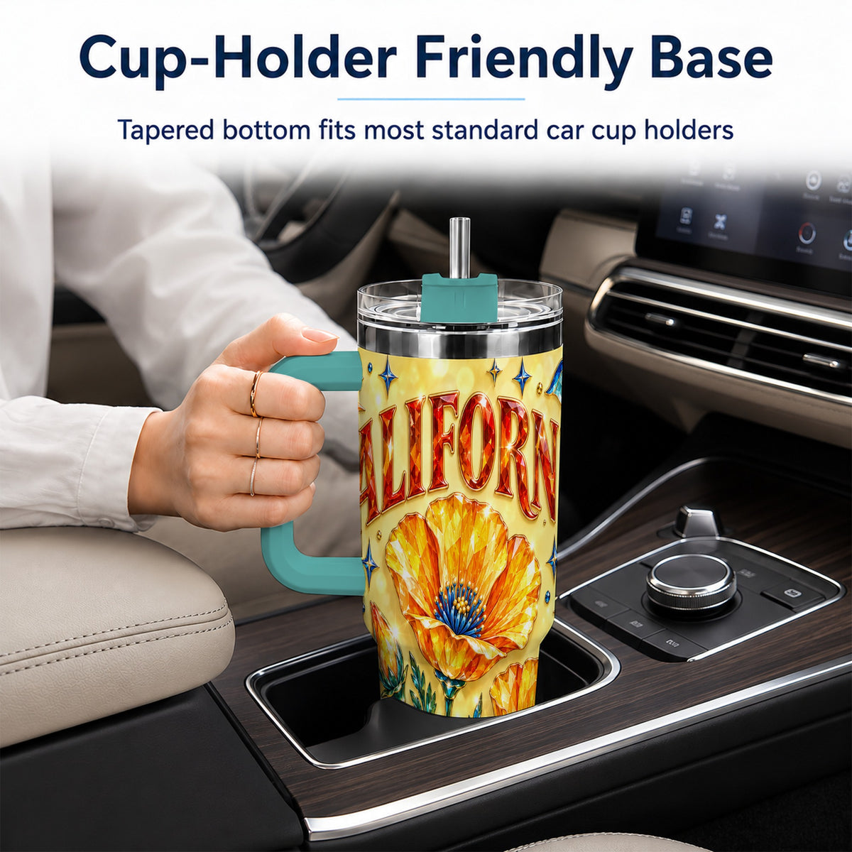 #pl[40oz|Green] California Poppy 40oz Tumbler with Handle, Coastal Floral Travel Cup