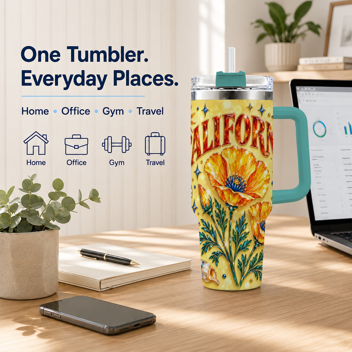 #pl[40oz|Green] California Poppy 40oz Tumbler with Handle, Coastal Floral Travel Cup