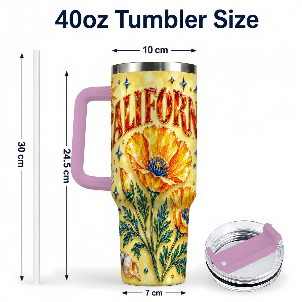 #pl[40oz|Pink] California Poppy 40oz Tumbler with Handle, Coastal Floral Travel Cup