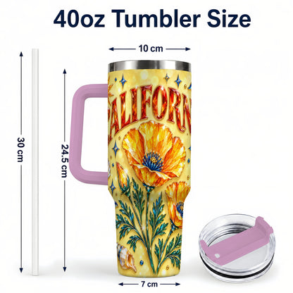 #pl[40oz|Pink] California Poppy 40oz Tumbler with Handle, Coastal Floral Travel Cup