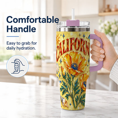 #pl[40oz|Pink] California Poppy 40oz Tumbler with Handle, Coastal Floral Travel Cup