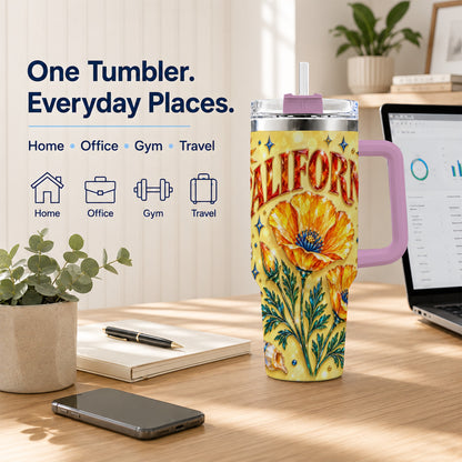 #pl[40oz|Pink] California Poppy 40oz Tumbler with Handle, Coastal Floral Travel Cup