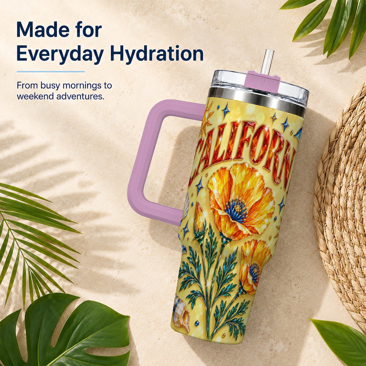 #pl[40oz|Pink] California Poppy 40oz Tumbler with Handle, Coastal Floral Travel Cup