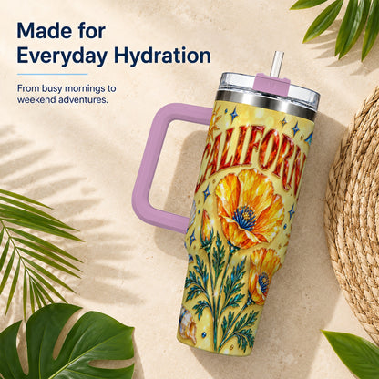 #pl[40oz|Pink] California Poppy 40oz Tumbler with Handle, Coastal Floral Travel Cup