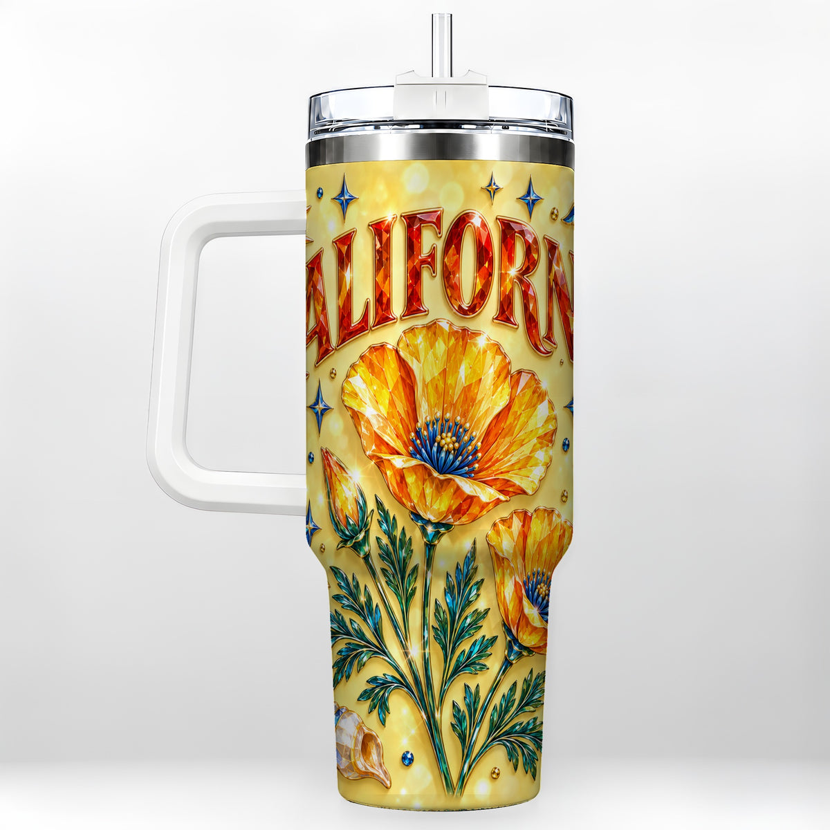 California Poppy 40oz Tumbler with Handle, Coastal Floral Travel Cup