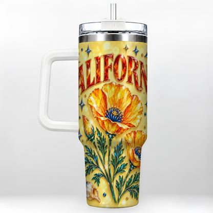 California Poppy 40oz Tumbler with Handle, Coastal Floral Travel Cup