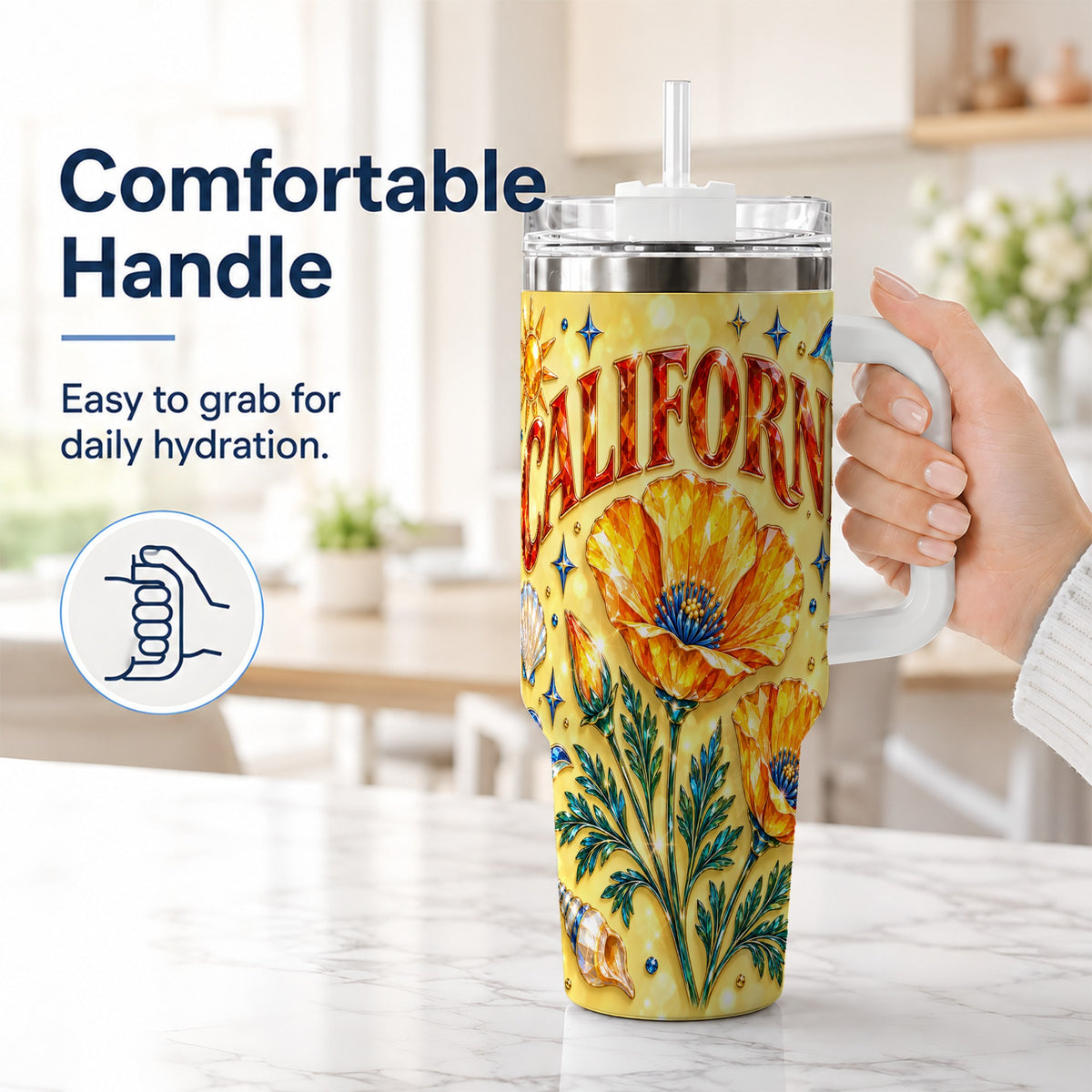 #pl[40oz|White] California Poppy 40oz Tumbler with Handle, Coastal Floral Travel Cup