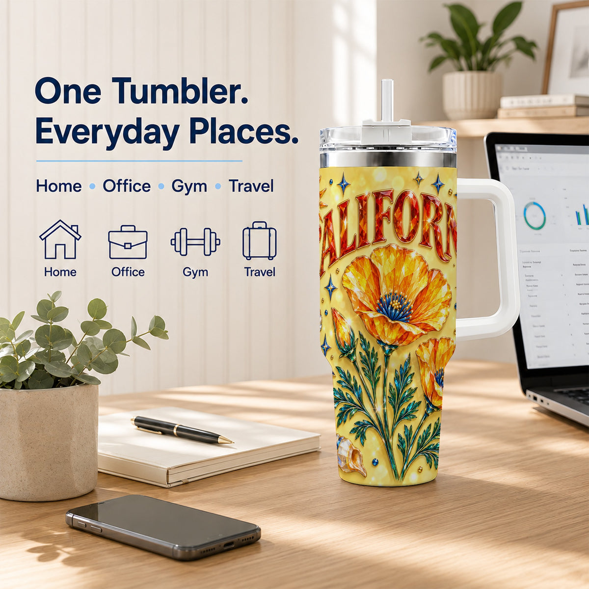 #pl[40oz|White] California Poppy 40oz Tumbler with Handle, Coastal Floral Travel Cup
