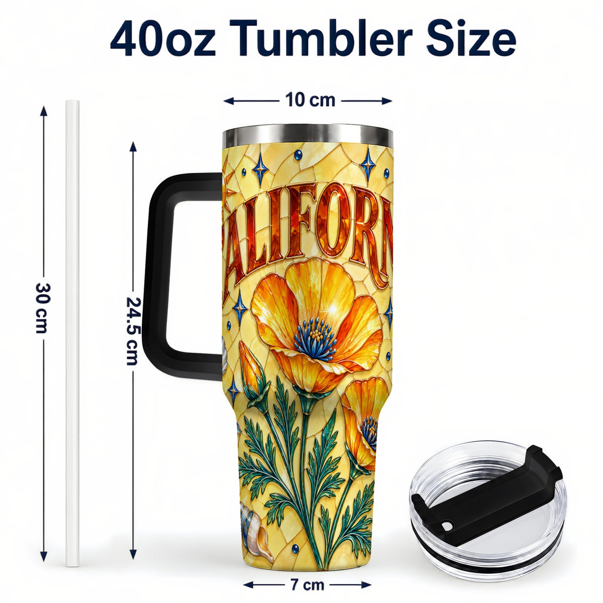 #pl[40oz|Black] California Poppy 40oz Tumbler with Handle, Stained Glass Style Travel Cup