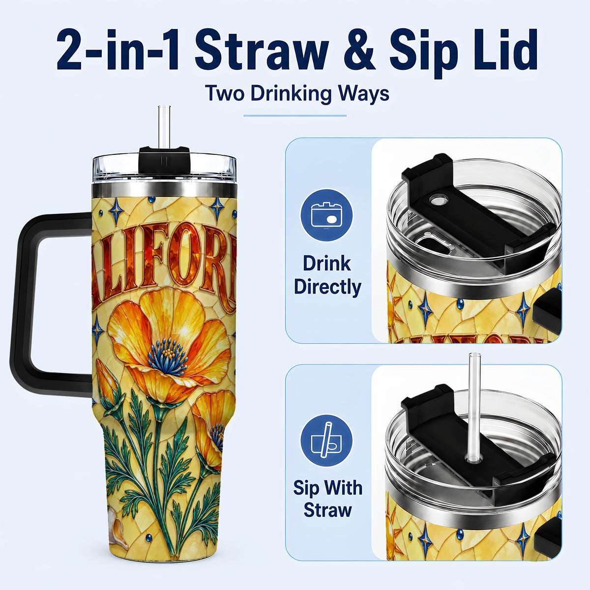 #pl[40oz|Black] California Poppy 40oz Tumbler with Handle, Stained Glass Style Travel Cup