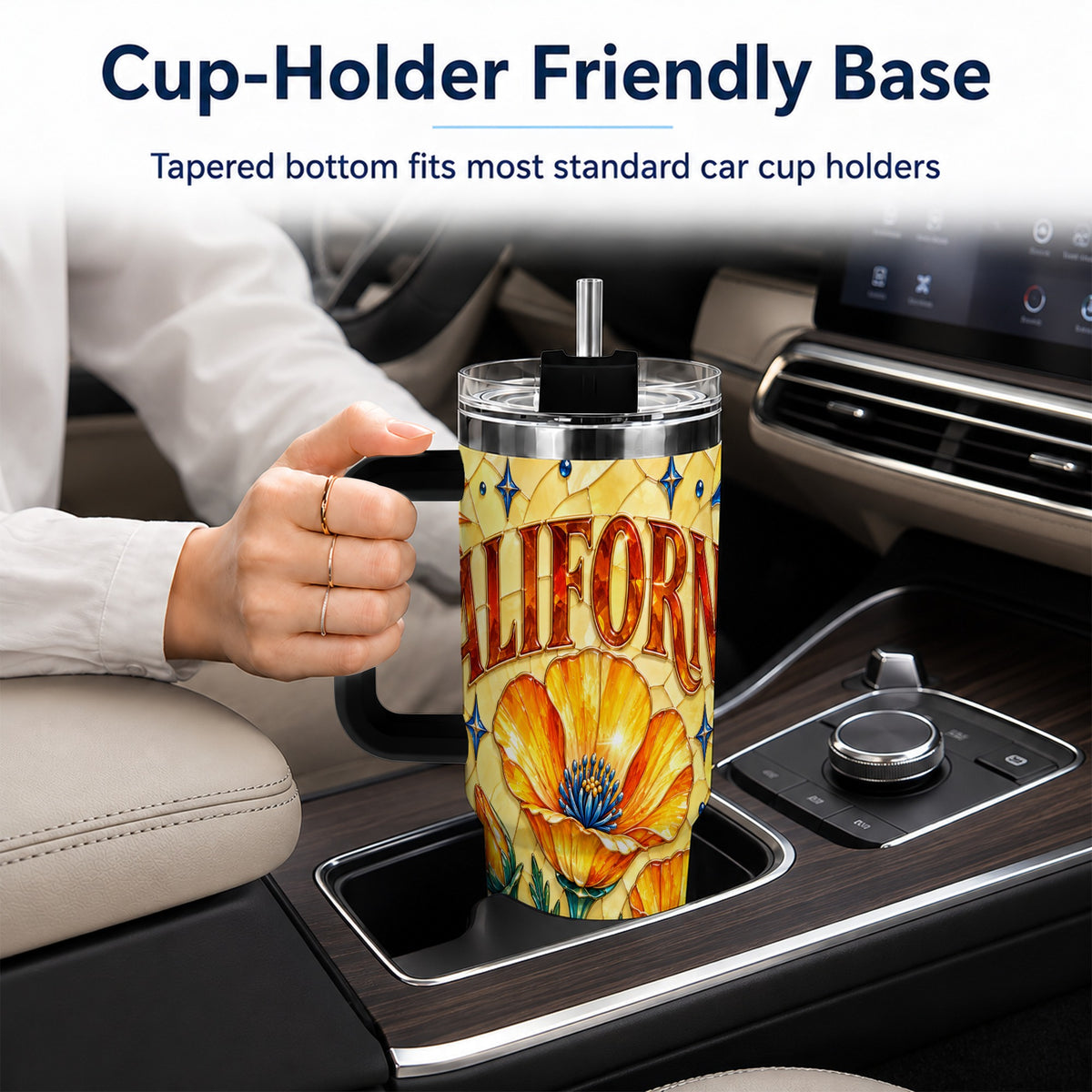 #pl[40oz|Black] California Poppy 40oz Tumbler with Handle, Stained Glass Style Travel Cup