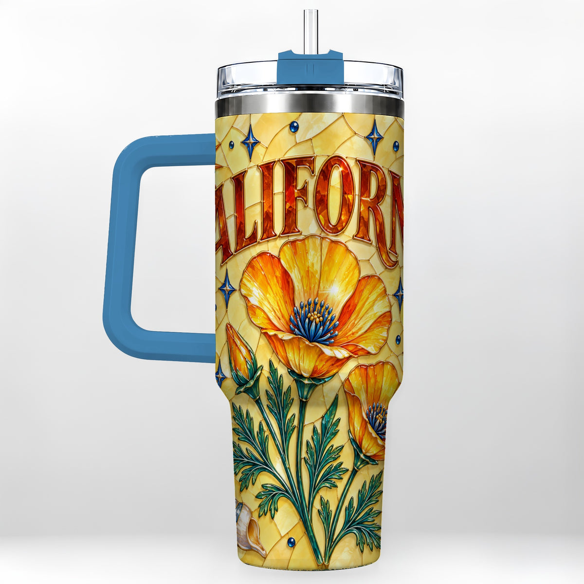 #pl[40oz|Blue] California Poppy 40oz Tumbler with Handle, Stained Glass Style Travel Cup