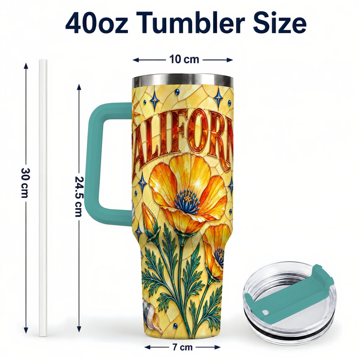 #pl[40oz|Green] California Poppy 40oz Tumbler with Handle, Stained Glass Style Travel Cup