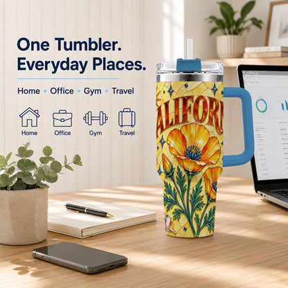 #pl[40oz|Blue] California Poppy 40oz Tumbler with Handle, Stained Glass Style Travel Cup