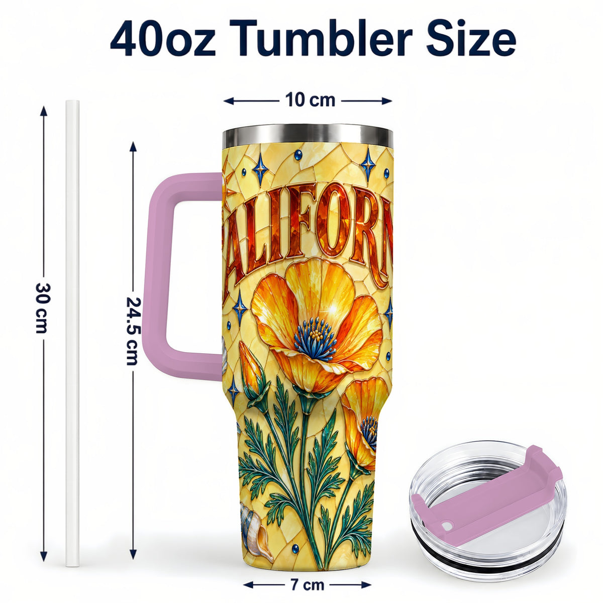 #pl[40oz|Pink] California Poppy 40oz Tumbler with Handle, Stained Glass Style Travel Cup