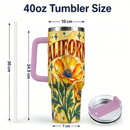 #pl[40oz|Pink] California Poppy 40oz Tumbler with Handle, Stained Glass Style Travel Cup