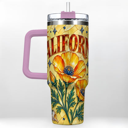 #pl[40oz|Pink] California Poppy 40oz Tumbler with Handle, Stained Glass Style Travel Cup