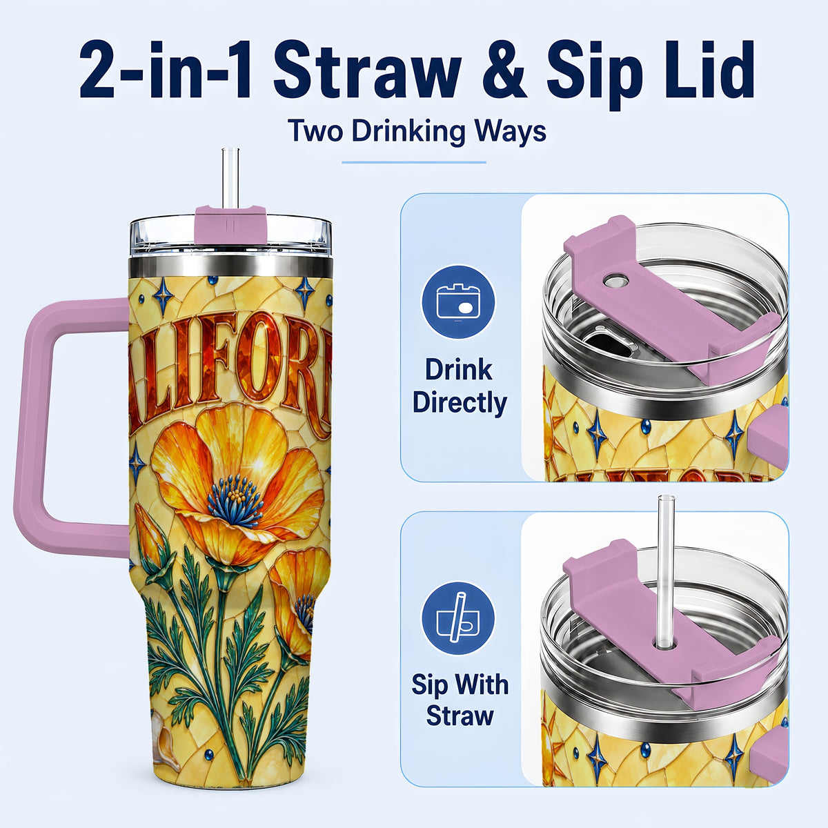 #pl[40oz|Pink] California Poppy 40oz Tumbler with Handle, Stained Glass Style Travel Cup
