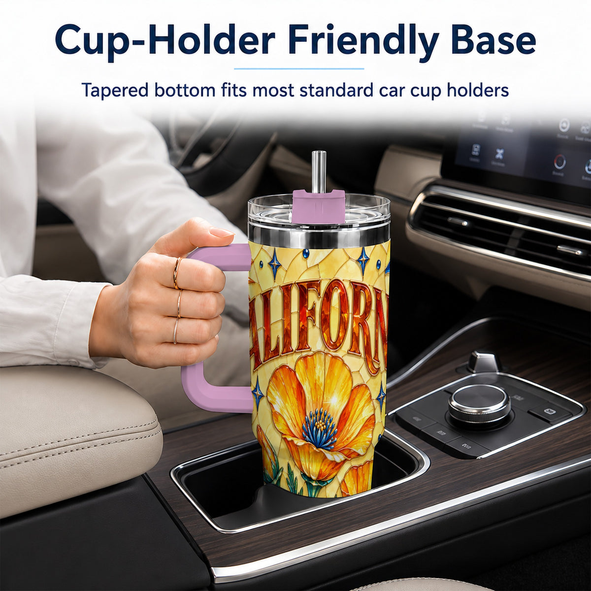 #pl[40oz|Pink] California Poppy 40oz Tumbler with Handle, Stained Glass Style Travel Cup