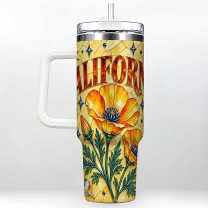 California Poppy 40oz Tumbler with Handle, Stained Glass Style Travel Cup