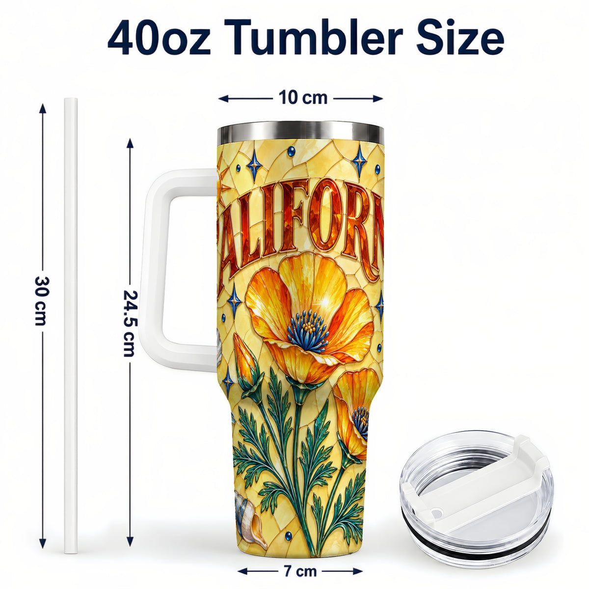 #pl[40oz|White] California Poppy 40oz Tumbler with Handle, Stained Glass Style Travel Cup