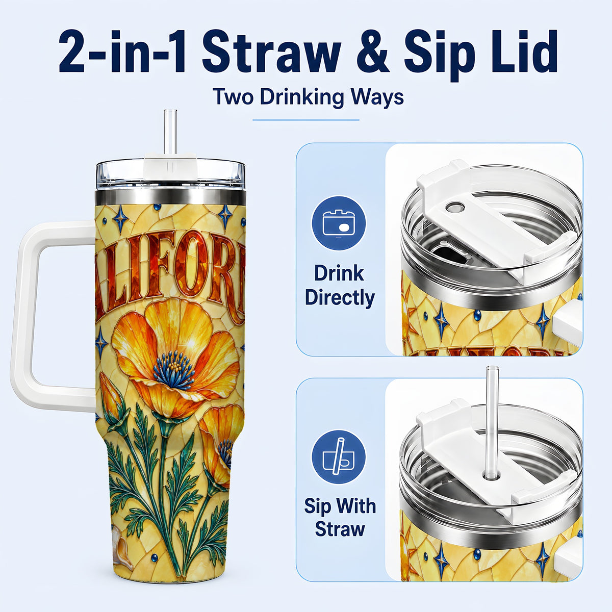 #pl[40oz|White] California Poppy 40oz Tumbler with Handle, Stained Glass Style Travel Cup