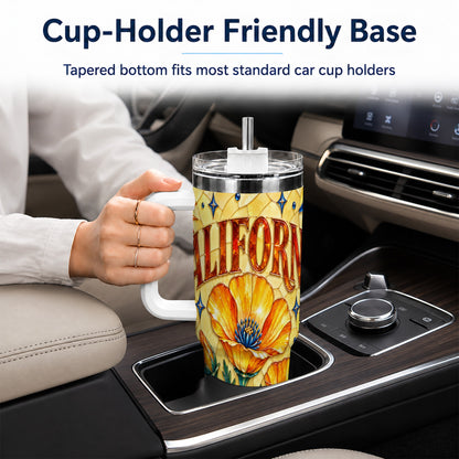 #pl[40oz|White] California Poppy 40oz Tumbler with Handle, Stained Glass Style Travel Cup
