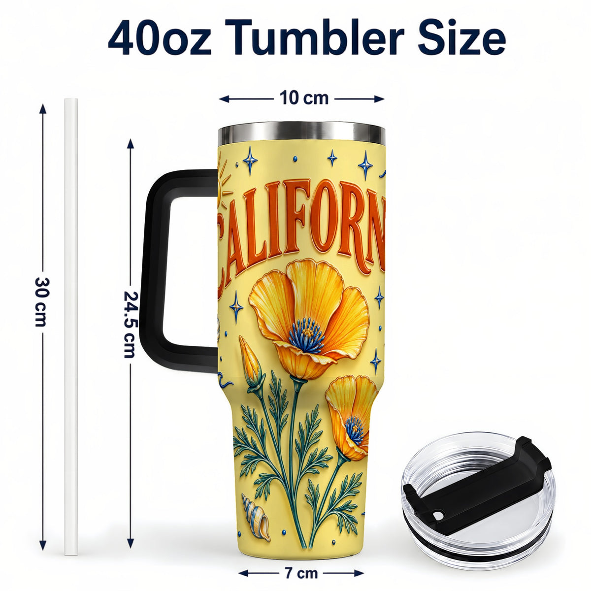 #pl[40oz|Black] California Poppy 40oz Tumbler with Handle, Sunny Coastal Travel Cup