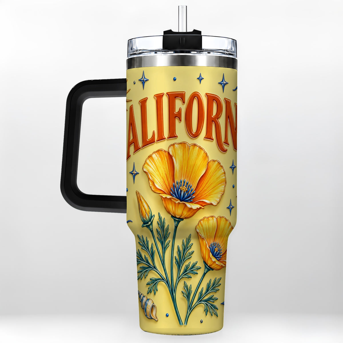 #pl[40oz|Black] California Poppy 40oz Tumbler with Handle, Sunny Coastal Travel Cup