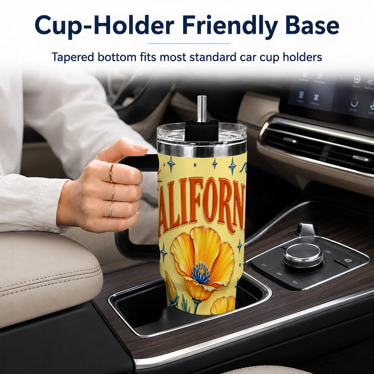 #pl[40oz|Black] California Poppy 40oz Tumbler with Handle, Sunny Coastal Travel Cup