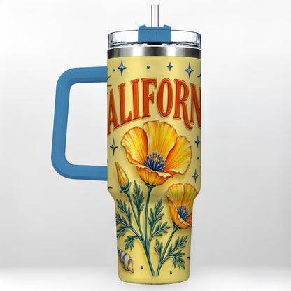 #pl[40oz|Blue] California Poppy 40oz Tumbler with Handle, Sunny Coastal Travel Cup