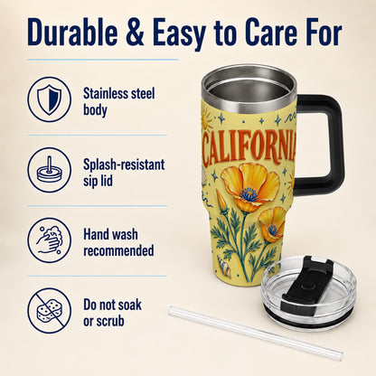 #pl[40oz|Black] California Poppy 40oz Tumbler with Handle, Sunny Coastal Travel Cup