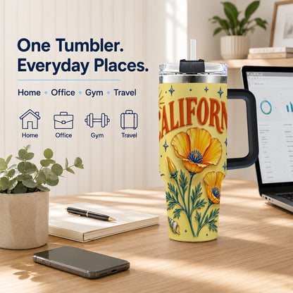 #pl[40oz|Black] California Poppy 40oz Tumbler with Handle, Sunny Coastal Travel Cup