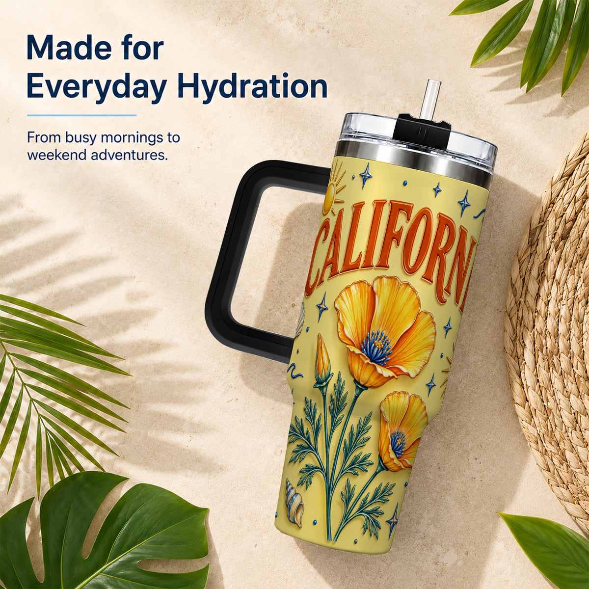 #pl[40oz|Black] California Poppy 40oz Tumbler with Handle, Sunny Coastal Travel Cup