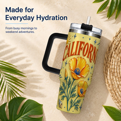 #pl[40oz|Black] California Poppy 40oz Tumbler with Handle, Sunny Coastal Travel Cup
