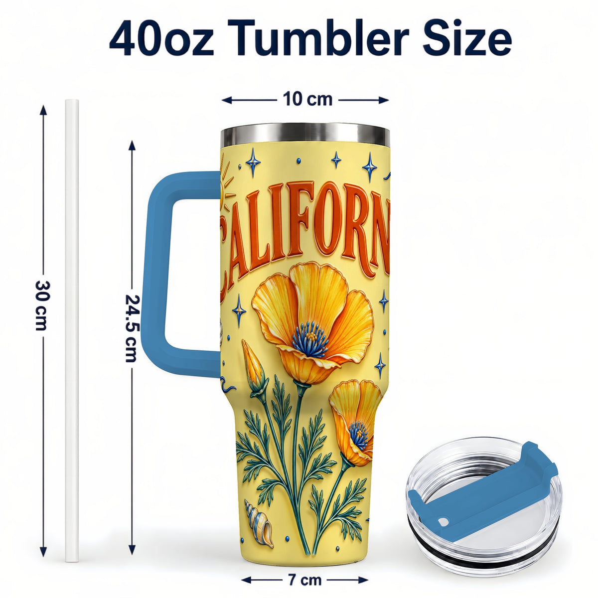 #pl[40oz|Blue] California Poppy 40oz Tumbler with Handle, Sunny Coastal Travel Cup