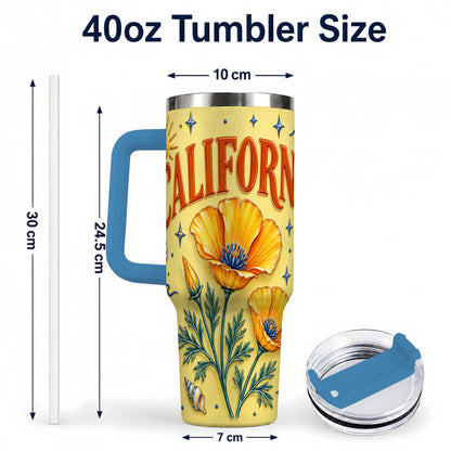 #pl[40oz|Blue] California Poppy 40oz Tumbler with Handle, Sunny Coastal Travel Cup