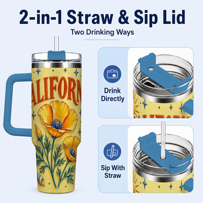 #pl[40oz|Blue] California Poppy 40oz Tumbler with Handle, Sunny Coastal Travel Cup