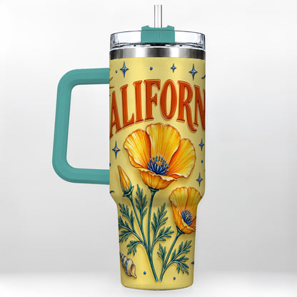#pl[40oz|Green] California Poppy 40oz Tumbler with Handle, Sunny Coastal Travel Cup