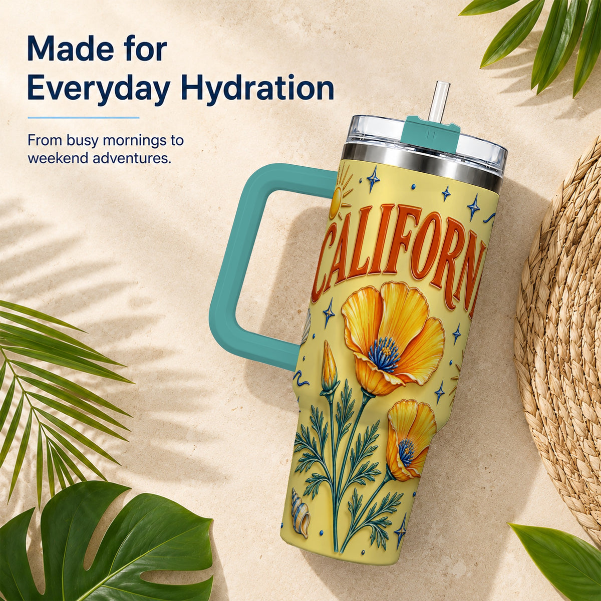 #pl[40oz|Green] California Poppy 40oz Tumbler with Handle, Sunny Coastal Travel Cup