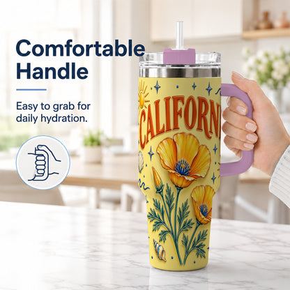 #pl[40oz|Pink] California Poppy 40oz Tumbler with Handle, Sunny Coastal Travel Cup